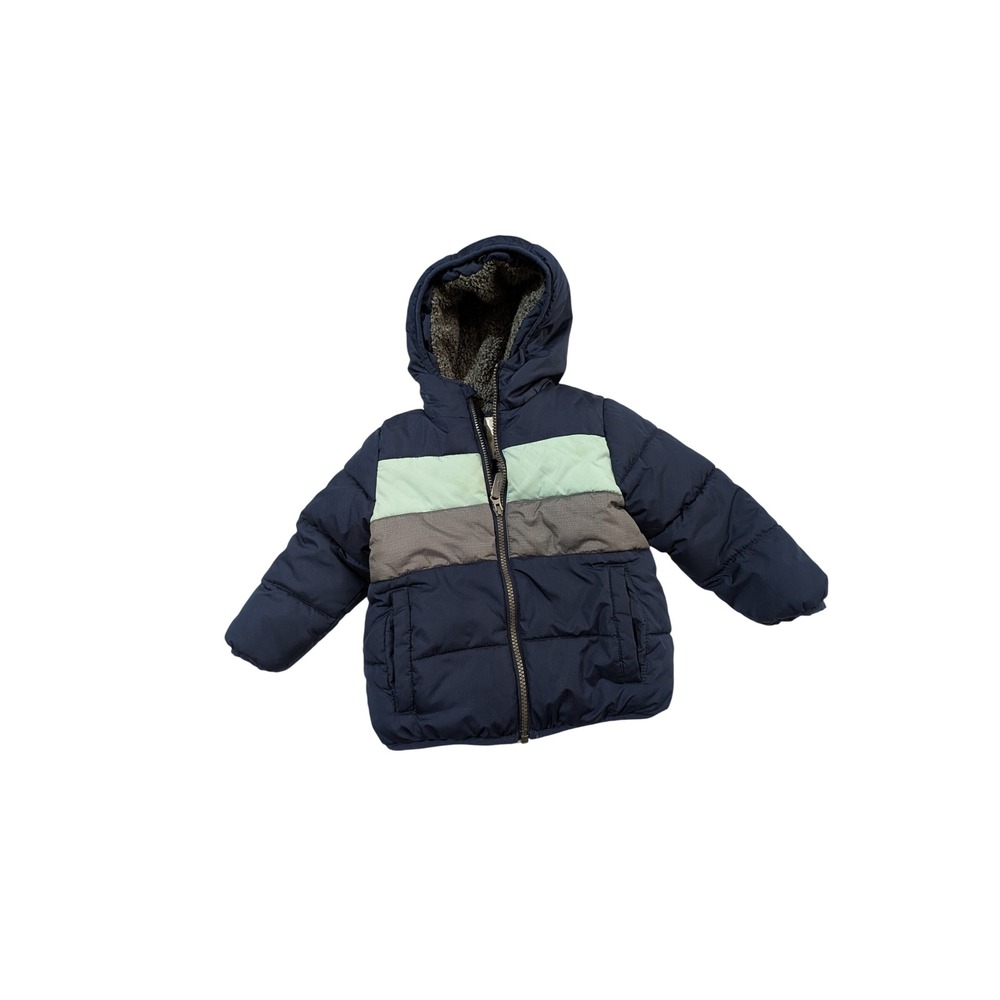 Members Mark Toddler Boy Cozy Puffer Jacket Navy Mint Grey Hooded Coat 2T